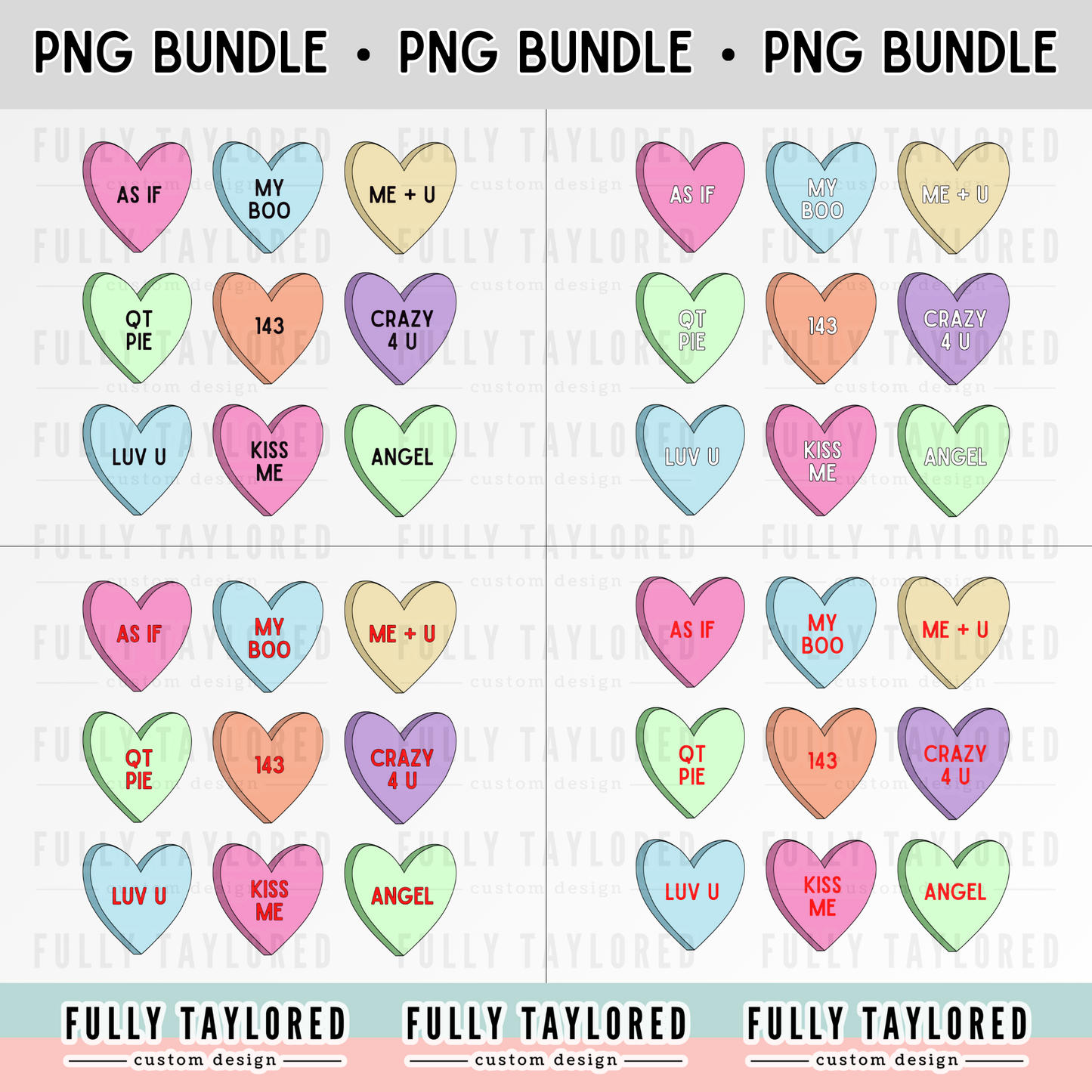 Classic Candy Color Hearts PNG BUNDLE for Sublimation or Print (Digital Download) (4 Files)