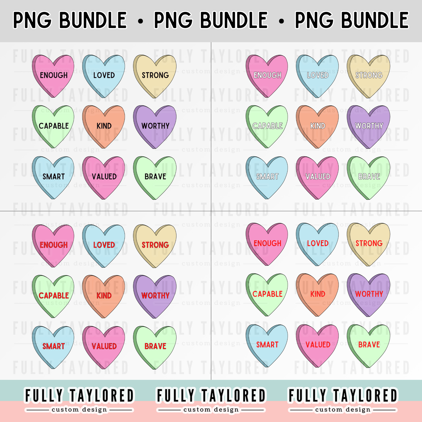 Candy Color Heart Affirmations PNG BUNDLE for Sublimation or Print (Digital Download) (4 Files)